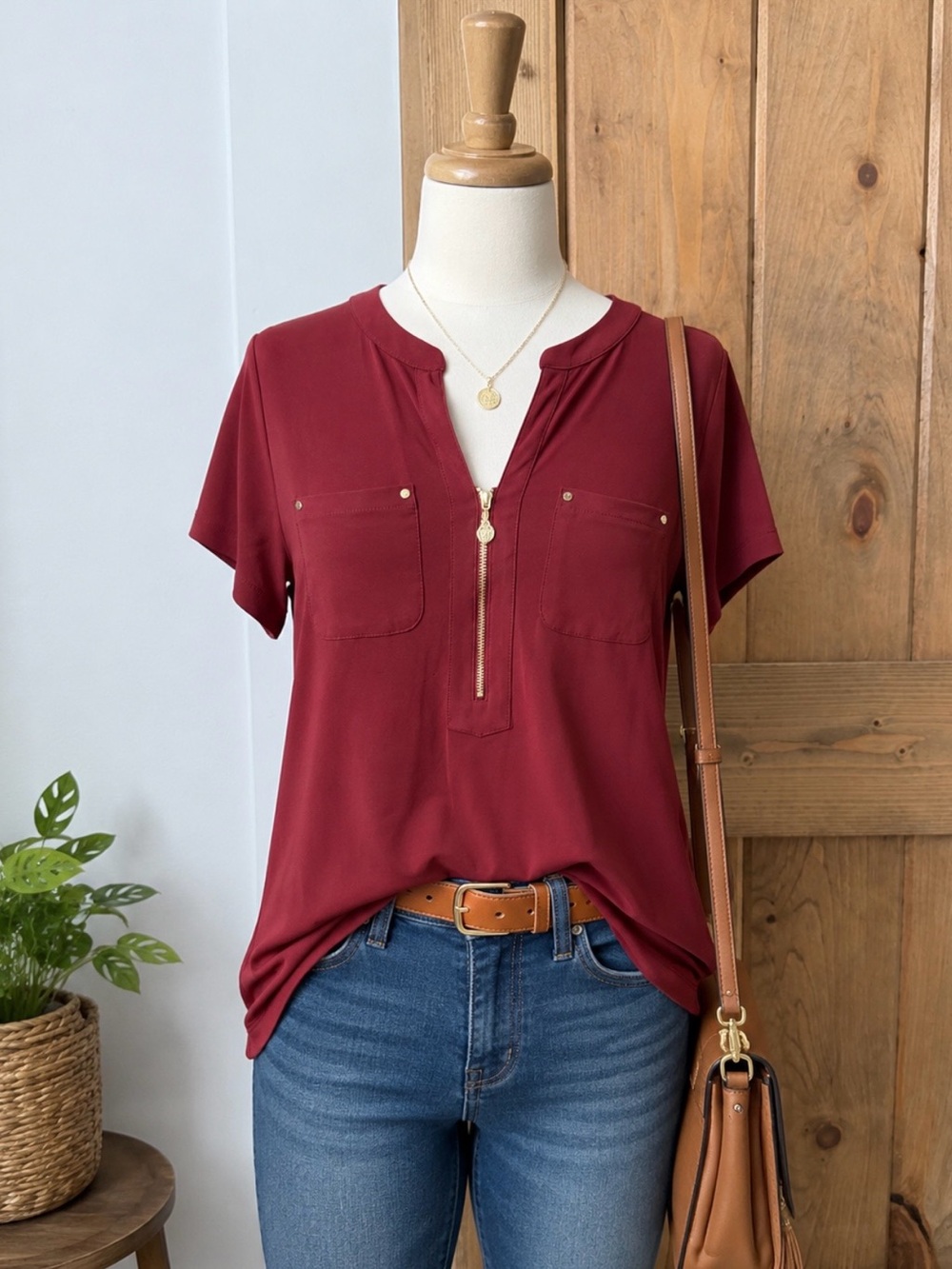 Anne Klein Short Sleeve Zip Front Top in Burgundy
